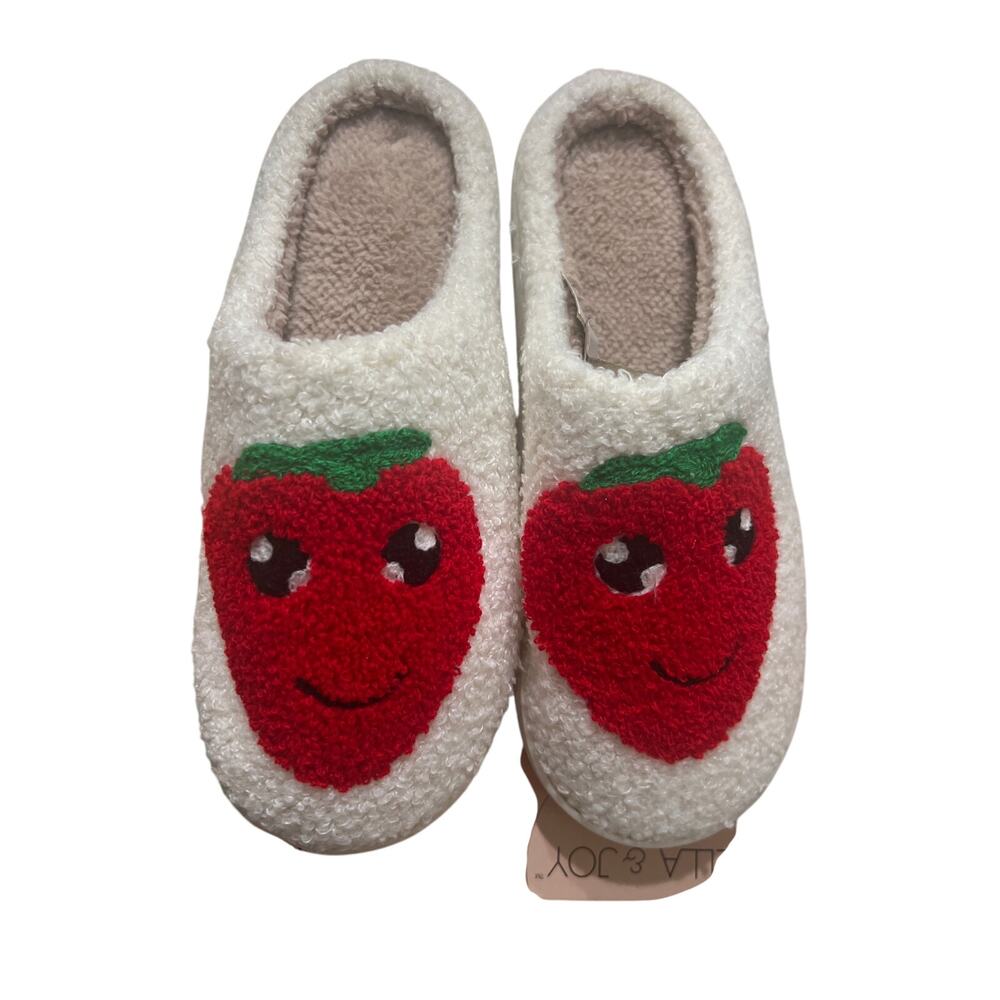 Ella & Joy Women's Slippers White with Strawberries Slip On Cozy Size M (8) New